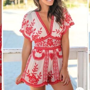 HONEY PUNCH RED & BEIGE LACE ROMPER